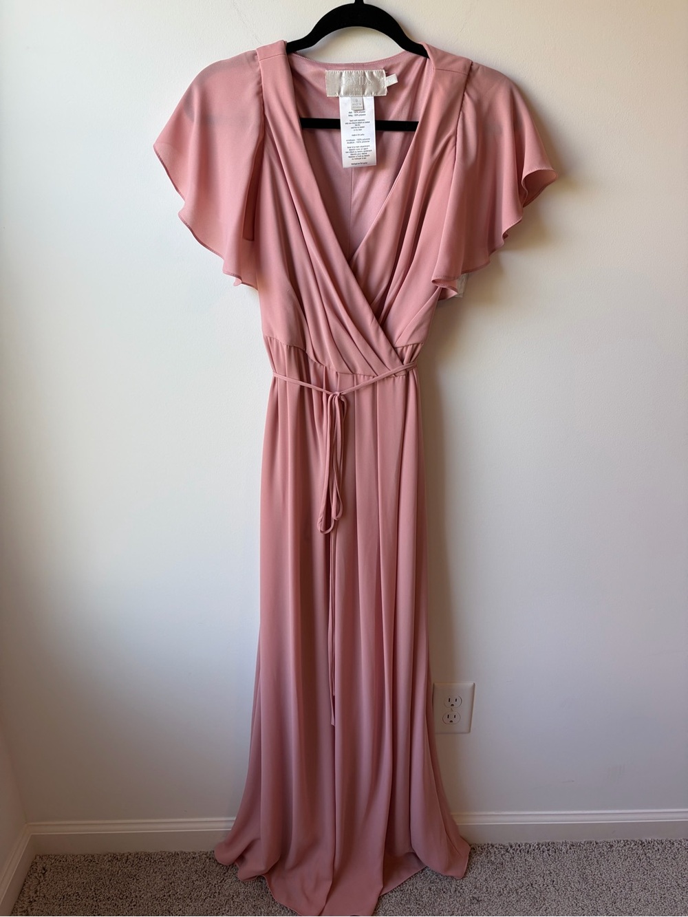 David's Bridal Dusty Blush Wrap Maxi Dress with Flutter Sleeves